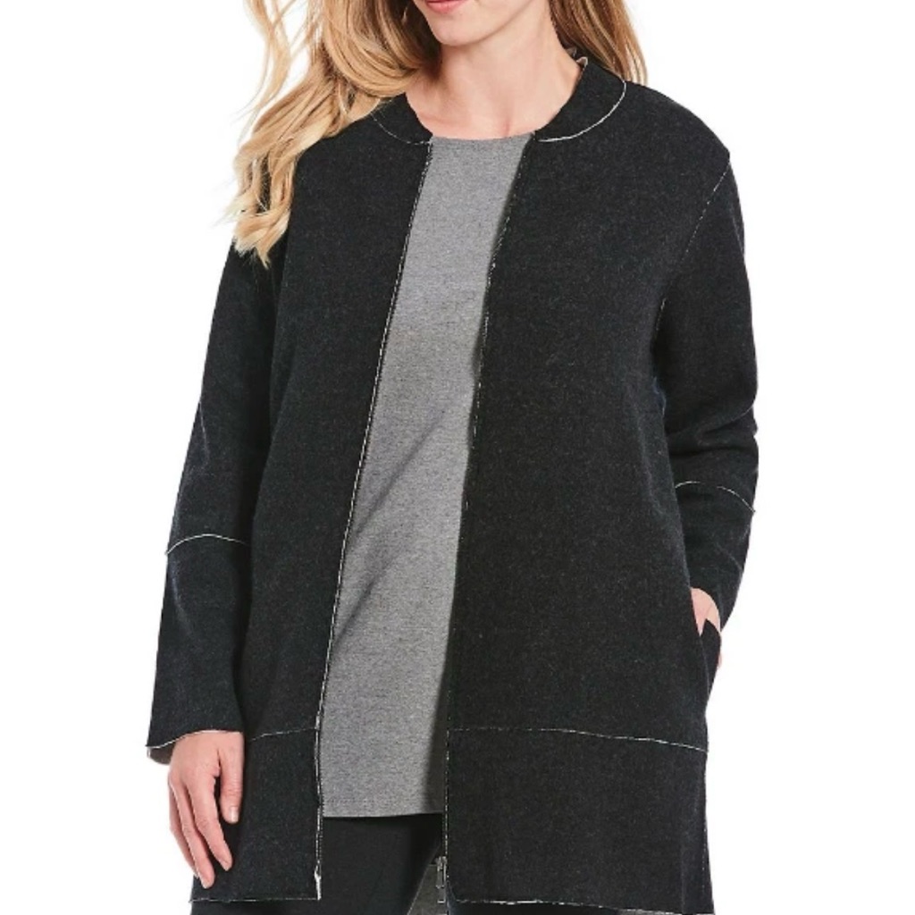 Eileen Fisher Felted Merino Wool Doubleknit Zip Front Jacket In Charcoal Size Xs